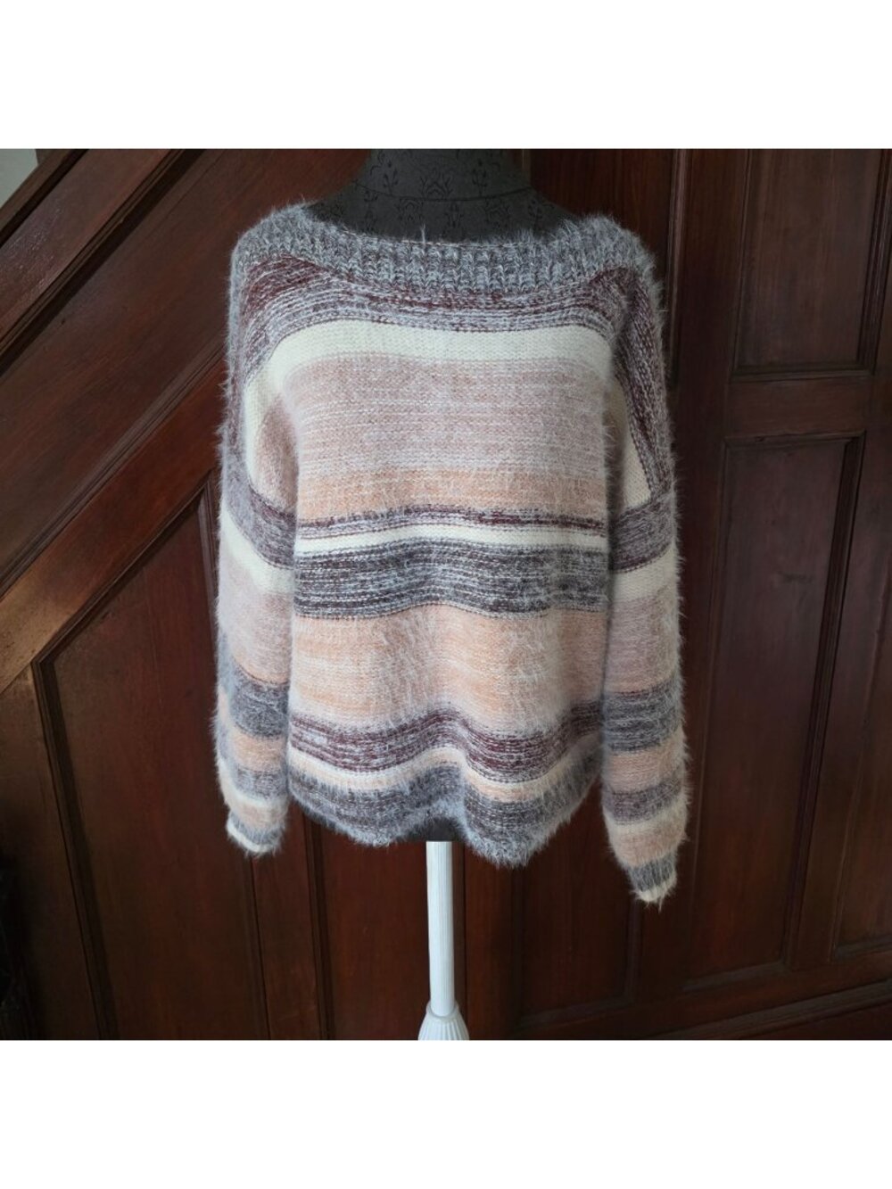 BKE Womens Fuzzy Striped Sweater XS Acrylic Blend Pink & Gray
